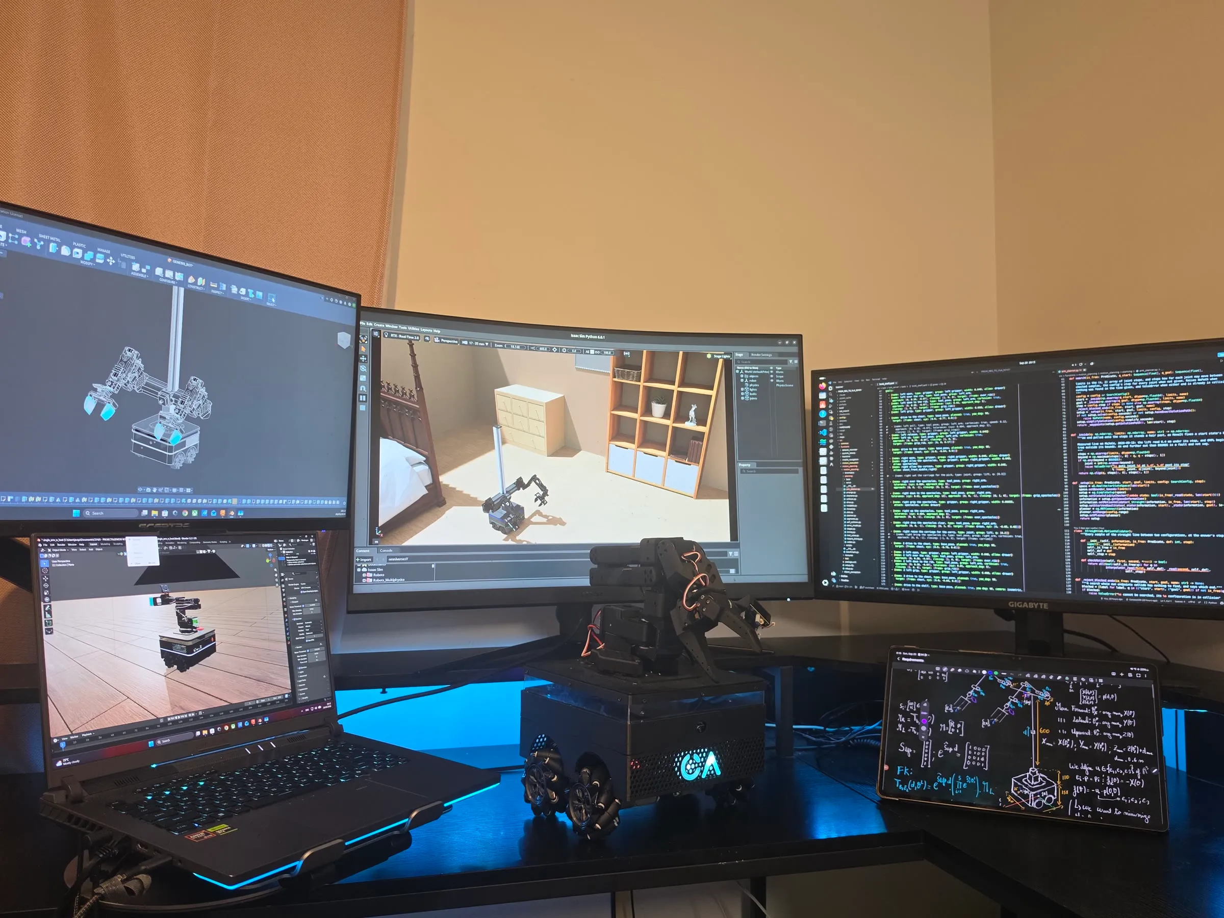 The V3 Genesis platform on a desk, with the Isaac Sim scene, the robot model and planner code on the monitors behind it